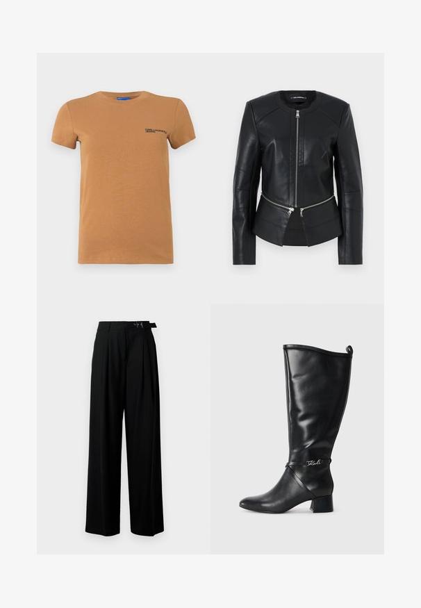 Black leather jacket with a round neckline, front zipper, and structured design. Features two zipper pockets at the waist and seam detailing.; Short-sleeve tan crewneck t-shirt with "KARL LAGERFELD JEANS" logo printed on the left chest.; Black wide-leg trousers with a high waist, pleats at the front, and a belt featuring a buckle. Made from smooth, lightweight fabric.; Black leather knee-high boot with a pointed toe, block heel, and a decorative strap featuring a silver logo near the ankle. Smooth texture.