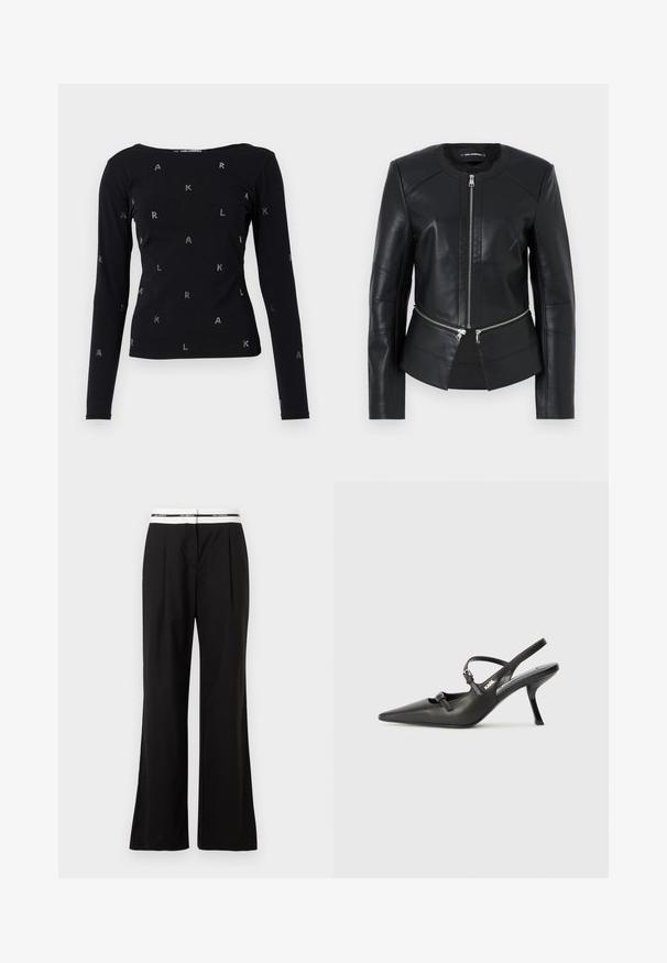 Mustat nahkatakki, jossa on pyöreä kaulus, edessä vetoketju ja muotoiltu malli. Sisältää kaksi vetoketjullista taskua vyötäröllä ja saumat yksityiskohtia.; Mustavälinen pitkähiha, joka on valmistettu pehmeästä kankaasta ja jossa on pyöreä pääntie sekä hajallaan olevat kimaltelevat strassikirjaimet "A", "K" ja "L".; Mustat housut rentoa mallia, joissa on valkoinen joustokiristys vyötäröllä, brändäys näkyvissä. Valmistettu sileästä kankaasta, jossa on kevyt kiilto.; Mustat nahkaiset slingback-korkokengät, joissa on terävä kärki, hoikka korko ja koristeellinen solkityyny varpailla. Tasainen pinta ja tyylikäs muotoilu.
