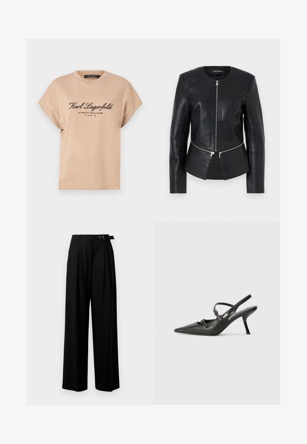 Black leather jacket with a round neckline, front zipper, and structured design. Features two zipper pockets at the waist and seam detailing.; Beige cotton T-shirt with a round neckline, short sleeves, and printed black text on the front, featuring the brand name and location details.; Black wide-leg trousers with a high waist, pleats at the front, and a belt featuring a buckle. Made from smooth, lightweight fabric.; Black leather slingback heels with a pointed toe, slender heel, and decorative buckle detail on the vamp. Smooth texture and sleek design.