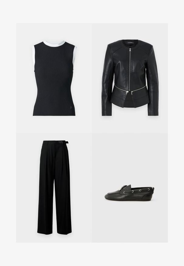 Μαύρο δερμάτινο μπουφάν με στρογγυλή λαιμόκοψη, μπροστινό φερμουάρ και καλοσχεδιασμένη κατασκευή. Διαθέτει δύο τσέπες με φερμουάρ στη μέση και λεπτομέρειες ραφής.; Μαύρο ριγέ αμάνικο μπλουζάκι με άσπρη λαιμόκοψη και περιθώρια στα χέρια, διαθέτει εφαρμοστή σχεδίαση και διακριτική λεπτομέρεια λογότυπου στο κόψιμο.; Μαύρο παντελόνι με φαρδιά πόδια και ψηλή μέση, πτυχές μπροστά και ζώνη με αγκράφα. Κατασκευασμένο από μαλακό, ελαφρύ ύφασμα.; Μαύρες δερμάτινες ναυτικές υποδήσεις με στρογγυλή μύτη, συρμάτινη μπροστά, μεταλλικά μάτια και επίπεδο πάτο. Διαθέτουν μια μικρή ετικέτα στο πίσω μέρος.