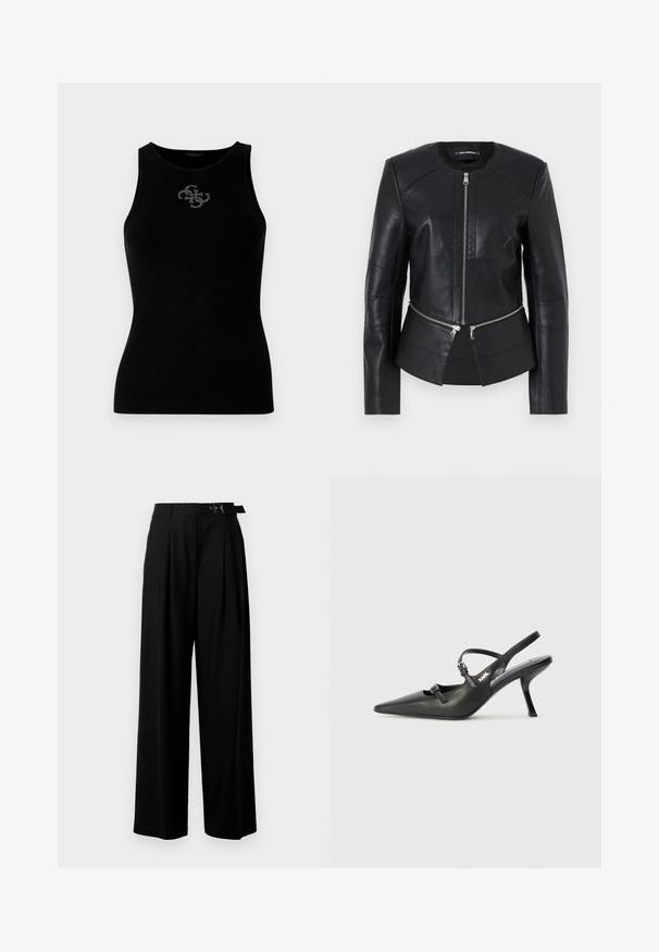 Schwarze Lederjacke mit rundem Halsauschnitt, vorderem Reißverschluss und strukturiertem Design. Verfügt über zwei Reißverschlusstaschen auf Taillenhöhe und Nahtdetails.; Schwarzes geripptes Tanktop mit rundem Halsausschnitt und einem mit silbernen Nieten verzierten Logo auf der Vorderseite. Weicher, elastischer Stoff.; Schwarze weit geschnittene Hosen mit hoher Taille, Falten an der Vorderseite und einem Gürtel mit Schnalle. Hergestellt aus glattem, leichtem Stoff.; Schwarzlederne Slingback-Absätze mit spitzer Zehenform, schlankem Absatz und dekorativem Schnallendetail auf dem Blatt. Glatte Textur und elegantes Design.