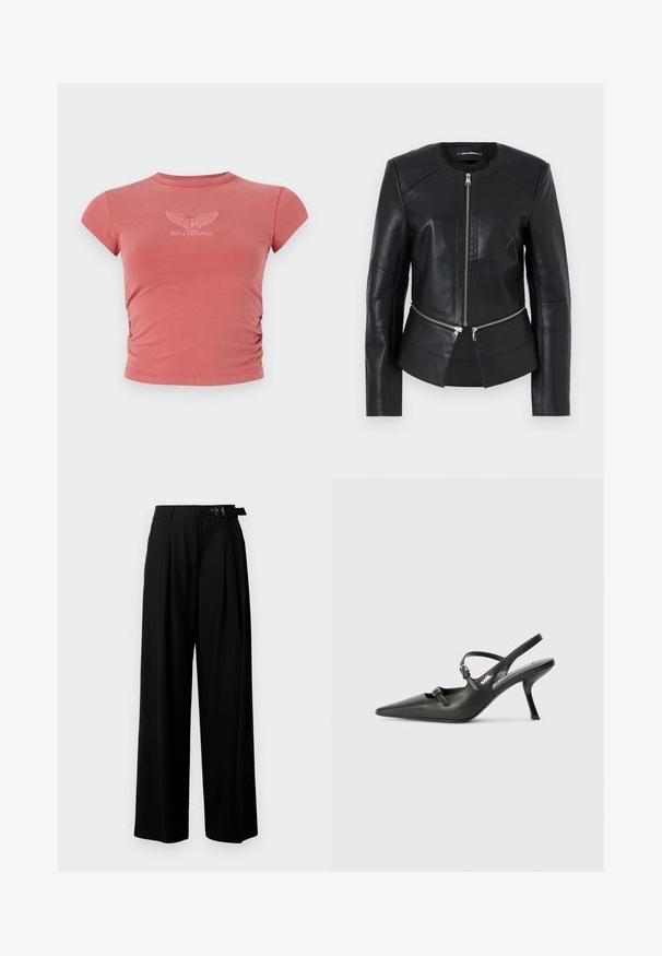 Black leather jacket with a round neckline, front zipper, and structured design. Features two zipper pockets at the waist and seam detailing.; Short-sleeve, fitted t-shirt in dusty rose with gathered side detail and embroidered "GUESS ORIGINALS" logo in white on the chest.; Black wide-leg trousers with a high waist, pleats at the front, and a belt featuring a buckle. Made from smooth, lightweight fabric.; Black leather slingback heels with a pointed toe, slender heel, and decorative buckle detail on the vamp. Smooth texture and sleek design.