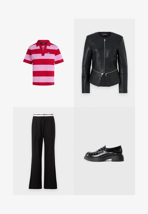 Czarna skórzana kurtka z okrągłym dekoltem, zamek błyskawiczny z przodu oraz strukturalnym fasonem. Posiada dwie kieszenie na zamek w talii oraz detale szwowe.; Czerwona i różowa polo w paski z kołnierzykiem, krótkimi rękawami i dekoracyjnym wzorem logo na lewej stronie klatki piersiowej.; Czarne spodnie o luźnym kroju, z białym elastycznym paskiem w talii z brandingiem. Wykonane z gładkiego materiału o delikatnym połysku.; Czarne lakierowane loafersy z dekoracyjnymi srebrnymi ćwiekami, okrągły czubek, niski blokowy obcas i gładka, błyszcząca tekstura.