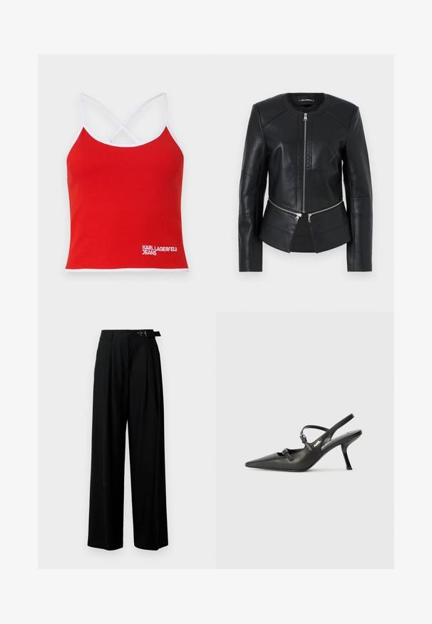 Melnas ādas jaka ar apaļu apkakli, priekšējo rāvējslēdzēju un strukturētu dizainu. Iekļautas divas rāvējslēdzēja kabatas jostasvietā un šuvju apdare.; Sarkana ribota topiņa ar baltu apdari un krustojošām siksnām, priekšpusē ar baltu izšūtu logo "KARL LAGERFELD JEANS".; Melni plaši bikses ar augsto jostasvītru, priekšā ar krokojiem un jostu ar sprādzi. Izgatavotas no gludas, vieglas auduma.; Melnas ādas slingback papēži ar norādītu purngalu, izsmalcinātu papēdi un dekoratīvu sprādzi uz priekšpuses. Gluda tekstūra un elegants dizains.