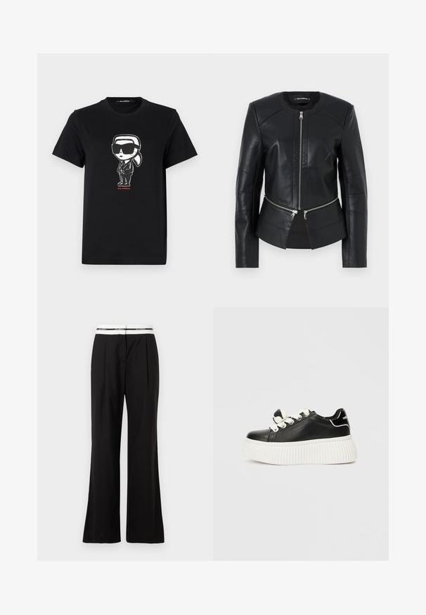 Svart läderjacka med rund halsringning, frontdragkedja och strukturerad design. Har två dragkedjefickor vid midjan och sömdetaljer.; Svart bomullströja med ett grafiskt motiv av en figur i solglasögon och kostym. Enkel design med rund hals och kort ärm. Röd text nedanför.; Svarta byxor med avslappnad passform, med en vit elastisk midja med varumärkeslogga. Tillverkade av ett mjukt tyg med en lätt lyster.; Svart lädersneaker med en tjock vit ribbad sula, som har vita skosnören och en dekorativ rosett på tungan.