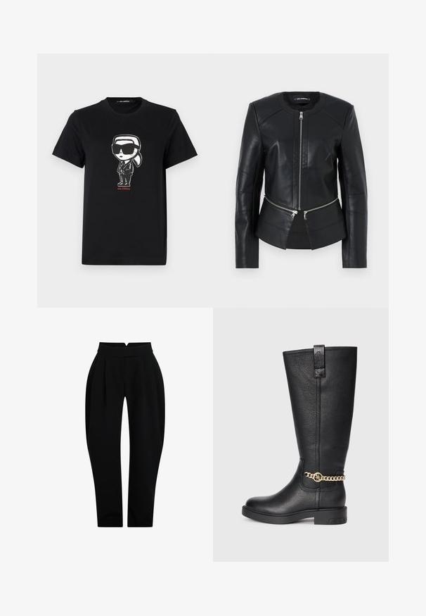 Černá kožená bunda s kulatým výstřihem, předním zipem a strukturovaným designem. Obsahuje dvě zipové kapsy v pase a švy.; Černé bavlněné tričko s grafikou postavy ve slunečních brýlích a obleku. Jednoduchý design s kulatým výstřihem a krátkými rukávy. Červený text dole.; Černé kalhoty na míru s vysokým pasem, která mají přední sklady, hladkou texturu a zužující nohavice pro přiléhavý siluetu.; Černé kožené vysoké boty po kolena s texturovaným povrchem, vyznačující se ozdobným zlatým řetízkem a plochou gumovou podrážkou.