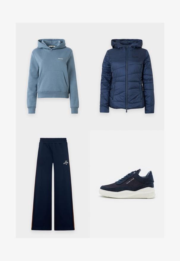 Navy blue padded jacket with a hood, featuring a front zip closure, quilted design, and a textured surface for added warmth and comfort.; Blue cropped hoodie with front kangaroo pocket and small white "Holzweiler" logo on left chest, ribbed cuffs and hem.; Navy wide-leg athletic pants with an elastic waistband, featuring brown side accents and white "Milano Gymnasium" text.; Dark navy suede sneakers with white rubber soles, rounded toe, and lace-up design. Features logo detail on the side and textured accents.