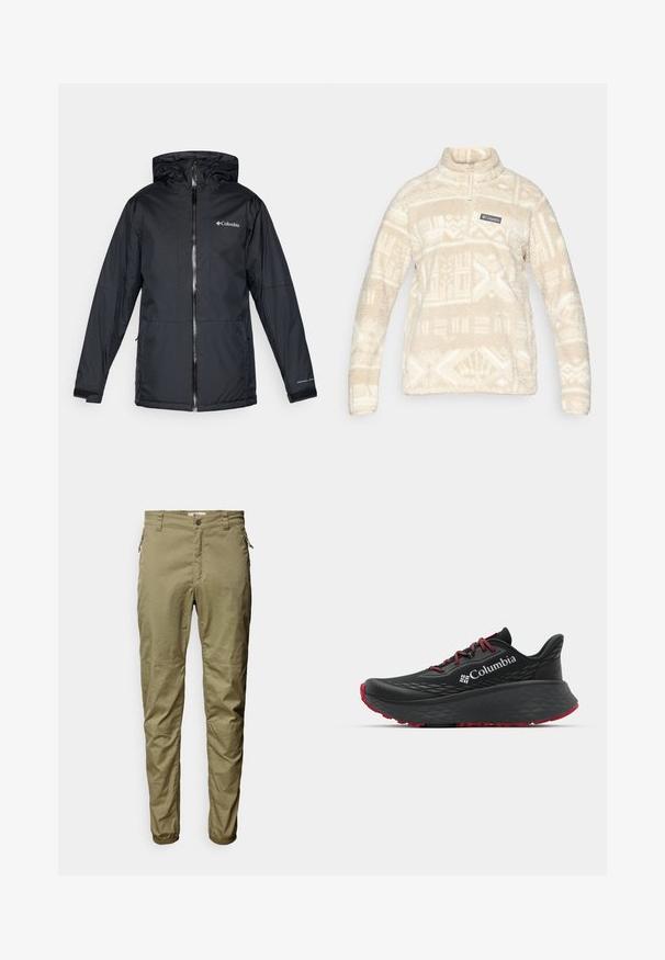 Svart Columbia vanntett hettejakke med frontglidelås, justerbare mansjetter og logo på brystet og ermet.; Kremfarget fleece genser med halv glidelås, stående krage og geometriske mønstre i en lysere nyanse; inkluderer et logo-patch på brystet.; Olivenfargede bukser laget av et lett stoff, med frontlommer, glidelåsdetalj på siden og elastiske mansjetter.; Svart treningssko med teksturert overdel, røde snører og logo. Tykksåle med mønstrede dekk for bedre veigrep. Minimalistisk design, sidevinkel.