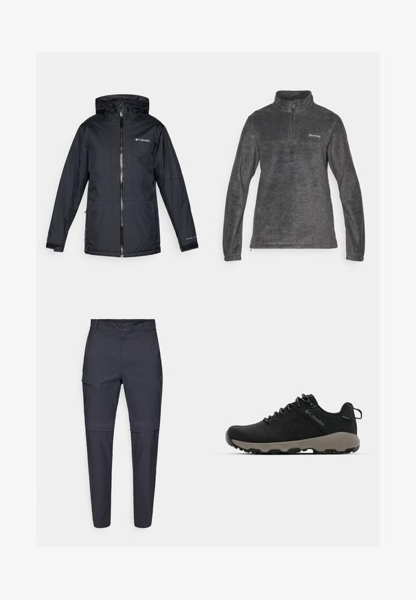 Mustan värvi Columbia veekindel kapuutsiga jakk, millel on esi tõmblukk, reguleeritavad mansetid ning logo rinnal ja varrukal.; Hallide fleece'i pullover halli värviga, kõrge kaelusega, poolelt tõmbleva esiosa ja pikkade varrukatega; esipaneelil on väike logo ja sile tekstuur.; Tumed sinise värvi kergekaalulised püksid, millel on reie peal lukuga tasku ja sirge jalg; valmistatud pehmest ja vastupidavast kangast.; Mustad matkajalanõud musta ülemise osaga, sileda pinnaga, perforatsiooni disainiga, hallal väljal ja tugevdatud kontsaga. Omab paelu ja tõmbetaba lihtsaks selga panemiseks.
