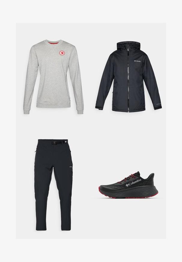 Fekete Columbia vízálló kapucnis dzseki elülső cipzárral, állítható mandzsettával, valamint logóval a mellkason és az ujjon.; Szürke crewneck pulóver pamut keverék anyagból, piros kör alakú logóval a mellkason, bordázott mandzsettákkal az ujjain és az alján.; Columbia ESSENTIAL HIKE™ PANT - Szabadtéri nadrágok - black; Fekete sportcipő texturált felsőrésszel, piros fűzőkkel és logóval. Vastag talp, mintás járófelülettel a tapadásért. Minimalista dizájn, oldalnézet.