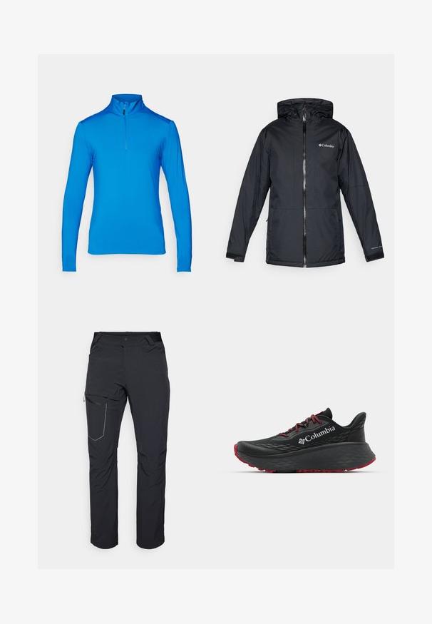 Juodas Columbia vandeniui atsparus jaqueta su kapišonu, priekyje su užtrauktuku, reguliuojamais rankogaliais ir logotipu ant krūtinės bei rankovės.; Ilga rankovė, mėlynas sportinis marškinėlis su pusiau užtrauktuku, pagamintas iš lygaus, lengvo audinio; turi aukštą apykaklę ir plokščius siūlus.; Juodos lauko kelnės su užtrauktuku šlaunies kišenėje, elastinga juosmeniu ir lygiu, vandens nepraleidžiančiu audiniu. Tinkama dizaino forma be matomų logotipų.; Juodas sportinis batelis su tekstūruota viršutine dalimi, raudonais raišteliais ir logotipu. Storas padas su raštuotu protektoriu traukai. Minimalistinis dizainas, šoninis vaizdas.