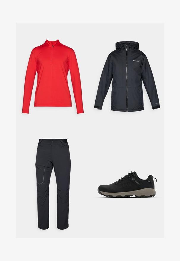 Giacca a vento nera Columbia impermeabile con cerniera anteriore, polsini regolabili e logo sul petto e sulla manica.; Top sportivo rosso a maniche lunghe con zip a quarto, realizzato in materiale leggero, dotato di collo alto e cuciture piatte per il comfort.; Pantaloni neri da esterno con tasca a zip sulla coscia, cintura elastica e tessuto liscio, resistente all'acqua. Design pulito senza loghi visibili.; Scarpa da trekking nera con tomaia liscia, design perforato, suola grigia e tallone rinforzato. Caratterizzata da lacci e un anello per una facile calzata.