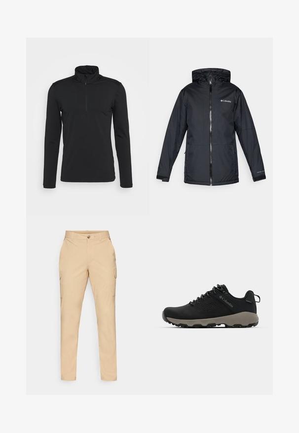 Črna Columbia vodoodporna jakna s kapuco, sprednjim zadrgo, nastavljivimi manšetami ter logotipom na prsih in rokavu.; Črn pulover z dolgimi rokavi, visokim ovratnikom in zadrgo na vratu. Gladka tekstura, brez vidnih vzorcev in minimalistična zasnova.; Bež cagro hlače z gumbom, ozek kroj, stranske žepke in gladko mešanico bombaža. Brez vidnih vzorcev ali akcentov.; Črne pohodniške čevlje z gladkim zgornjim delom, perforiranim dizajnom, sivo podplatom in ojačanim petnim delom. Imajo vezalke in zanko za enostavno obuvanje.