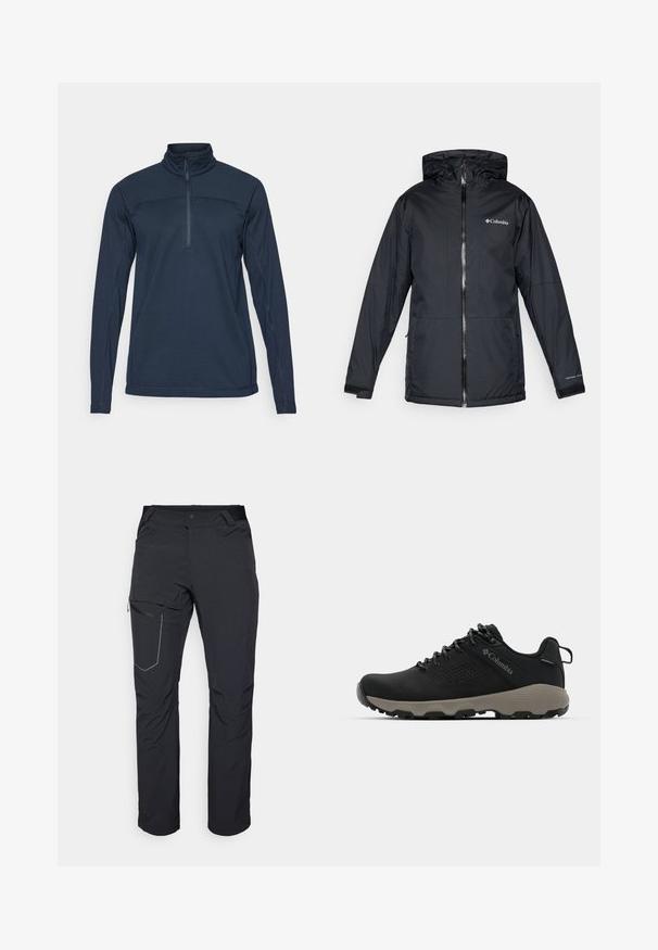Fekete Columbia vízálló kapucnis dzseki elülső cipzárral, állítható mandzsettával, valamint logóval a mellkason és az ujjon.; Tengerészkék, hosszú ujjú pulóver magas gallérral és fél cipzárral az elején. Texturált anyaggal és kontrasztos varrási részletekkel rendelkezik.; Fekete kültéri nadrág, cipzáras combzsebbel, rugalmas derékrésszel és sima, vízlepergető szövettel. Tiszta dizájn, látható logók nélkül.; Fekete túrabakancs sima felsőrésszel, perforált dizájnnal, szürke talppal és megerősített sarkal. Fűzővel és húzószalaggal van ellátva a könnyű felvétel érdekében.