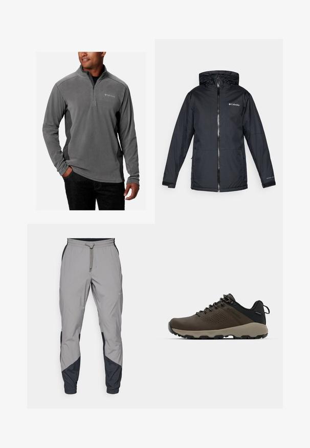Svart Columbia vanntett hettejakke med frontglidelås, justerbare mansjetter og logo på brystet og ermet.; Grå fleece-pullover med kvart-glidelås design, myk tekstur, lange ermer, og logo på brystet. Akzent med kontrasterende sidepaneler.; Lettvektige, grå treningsbukser med svarte detaljer. Elastisk midjebånd, snøring, tapered benedesign og sidelommer.; Brune vanntette joggesko med teksturert overdel, perforerte detaljer, svart hæl støtte og en grå gummisåle. Snøring er stilisert med metalliske ender.
