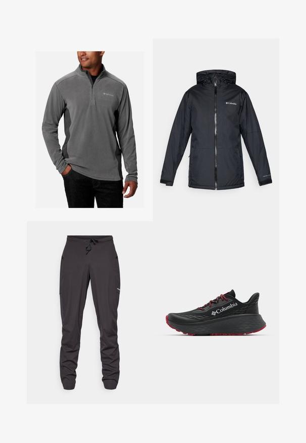 Mustan värvi Columbia veekindel kapuutsiga jakk, millel on esi tõmblukk, reguleeritavad mansetid ning logo rinnal ja varrukal.; Hallitus hallist fliispullover, millel on veerandi tõmblukk, pehme tekstuur, pikad varrukad ja logo rinnal. Aksentideks on kontrastsed külgpaneelid.; Mustad nööriga sportlikud püksid mustas värvuses, küljetaskudega, kergelt kortsus kangas ning väike nähtav logo paremal reiel.; Mustan värvi spordijalats tekstuuriga pealisega, punaste paelte ja logoga. Paksem tallaga, millel on mustritooted kaheksast edasi liikumiseks. Minimalistlik disain, külgvaade.