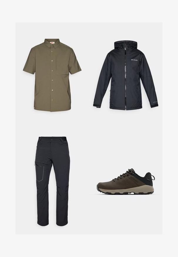 Fekete Columbia vízálló kapucnis dzseki elülső cipzárral, állítható mandzsettával, valamint logóval a mellkason és az ujjon.; Rövid ujjú, olíva zöld ing sima anyagból, gombos gallérral, elöl gombokkal és egy mellzsebbel.; Fekete kültéri nadrág, cipzáras combzsebbel, rugalmas derékrésszel és sima, vízlepergető szövettel. Tiszta dizájn, látható logók nélkül.; Barna vízálló sportcipők texturált felsőrésszel, perforált díszítésekkel, fekete saroktámasszal és szürke gumi talppal. A cipőfűzők fém végződésekkel vannak ellátva.