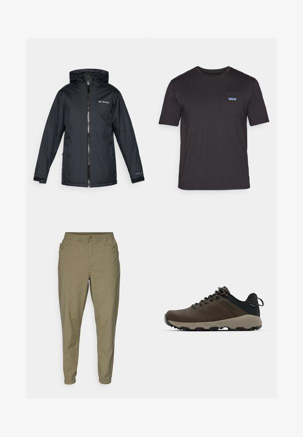 Fekete Columbia vízálló kapucnis dzseki elülső cipzárral, állítható mandzsettával, valamint logóval a mellkason és az ujjon.; Fekete, rövid ujjú pamut póló, bal oldalon mellzsebbel, melynek kék Patagonia logója van.; Világos olíva zöld színű nadrág, elasztikus derékrésszel, gombos záródással, oldalsó zsebekkel, és szűkített lábakkal elasztikus mandzsettával. Puha, sima anyag.; Barna vízálló sportcipők texturált felsőrésszel, perforált díszítésekkel, fekete saroktámasszal és szürke gumi talppal. A cipőfűzők fém végződésekkel vannak ellátva.