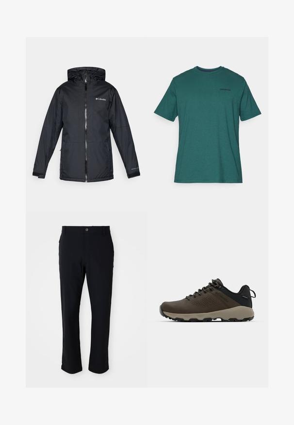 Černá voděodolná kapucová bunda Columbia s předním zipem, nastavitelnými manžetami a logem na prsou a rukávu.; Tmavě zelené tričko s krátkým rukávem od Patagonie s kulatým výstřihem a malým černým logem značky na levé horní části hrudi.; Černé kalhoty s knoflíkovým zapínáním, rovného střihu, hladké textury a bočními kapsami, vhodné pro různé příležitosti.; Hnědé nepromokavé sneakers s texturovaným svrškem, perforovanými detaily, černým oporou paty a šedou gumovou podrážkou. Šňůrky mají kovové konce.