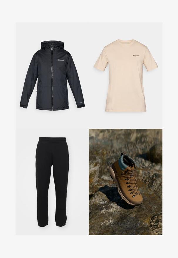 Sort Columbia vandtæt hættejakke med frontlynlås, justerbare manchetter og logo på brystet og ærmet.; Beige kortærmet t-shirt lavet af bomuld, med et lille sort Columbia-logo på venstre bryst. Standard crew neck-design.; Sorte svedbukser lavet af en bomuldsblanding, med elastisk talje, tapered ben og ribbede manchetter ved anklerne. Enkel design, uden mønstre.; Brune vandrestøvle med en syntetisk overdel, lysblå krave, metaløjer og tekstureret gummisål. Designet til udendørs aktiviteter.