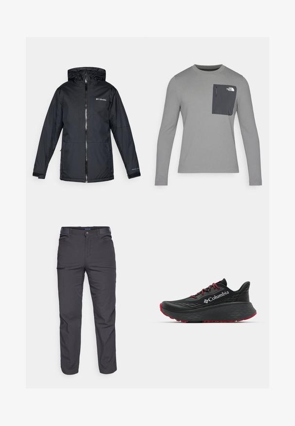 Svart Columbia vattentät jacka med huva, framdragkedja, justerbara ärmslut och logotyp på bröstet och ärmen.; Långärmad grå skjorta i texturerad tyg, med en mörkgrå bröstficka och dragkedjestängning. Logotyp på fickan i vitt.; Mörkgrå byxor i slitstarkt material, med en ficka med dragkedja, rak passform och bälteshällor för justerbar passform.; Svart sportskor med strukturerad ovandel, röda snören och logotyp. Tjock sula med mönstrad slitbana för bra grepp. Minimalistisk design, sidovy.