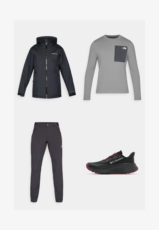 Juodas Columbia vandeniui atsparus jaqueta su kapišonu, priekyje su užtrauktuku, reguliuojamais rankogaliais ir logotipu ant krūtinės bei rankovės.; Ilgų rankovių pilkas marškinis su tekstūruota medžiaga, kuris turi tamsiai pilką krūtinės kišenę ir užtrauktuką. Kišenėje baltas logotipas.; Tamsiai pilkos lauko kelnės su siauru kirpimu, pagamintos iš elastingos medžiagos. Turi tris užtrauktukais uždaromas kišenes ir logotipo detalę.; Juodas sportinis batelis su tekstūruota viršutine dalimi, raudonais raišteliais ir logotipu. Storas padas su raštuotu protektoriu traukai. Minimalistinis dizainas, šoninis vaizdas.