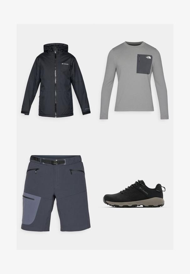 Črna Columbia vodoodporna jakna s kapuco, sprednjim zadrgo, nastavljivimi manšetami ter logotipom na prsih in rokavu.; Siva srajca z dolgimi rokavi z teksturirano tkanino, ki ima temnosivo žep na prsih in zadrgo. Logotip na žepu je bel.; Hlače iz temno sive tkanine z kontrastnimi svetlo sivimi stranskimi paneli. Imajo dve sprednji žepni z zadrgo in pas.; Črne pohodniške čevlje z gladkim zgornjim delom, perforiranim dizajnom, sivo podplatom in ojačanim petnim delom. Imajo vezalke in zanko za enostavno obuvanje.