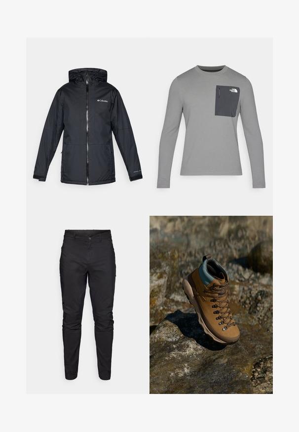 Melnā Columbia ūdensnecaurlaidīgā jaka ar kapuci, priekšējo rāvējslēdzēju, regulējamiem aprocēm un logo uz krūtīm un piedurknēm.; Garais krekls ar garām piedurknēm un teksturētu audumu, ar tumši pelēku krūšu kabatu un rāvējslēdzēju. Uz kabatas ir balts logo.; Melni šaurie bikši ar vieglu audumu un gludu tekstūru, ar rāvējslēdzēja kabatu un drošu jostu.; Brūns pārgājienu zābaks ar sintētisko augšdaļu, gaiši zilu apkakli, metāla acīm un teksturētu gumijas zoli. Izstrādāts āra aktivitātēm.