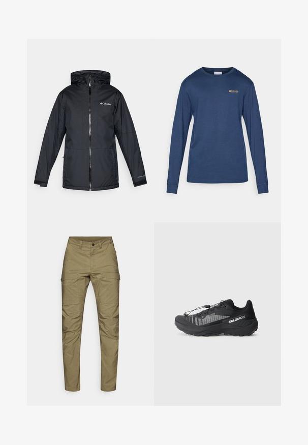 Fekete Columbia vízálló kapucnis dzseki elülső cipzárral, állítható mandzsettával, valamint logóval a mellkason és az ujjon.; Tengerészkék hosszú ujjú ing, pamutkeverék anyagból készült, kerek nyakkivágással és egy kis arany logóval a bal mellrészen.; Tartós anyagból készült khaki színű cargo nadrág, egyenes szárú kialakítással, több elülső zsebbel és cipzáras, gombbal záródó mellrésszel.; Fekete terepfutó cipő textúrált hálós felsőrésszel, fényvisszaverő részletekkel, párnázott talppal és rugalmas fűzőrendszerrel. Logó az oldalon.