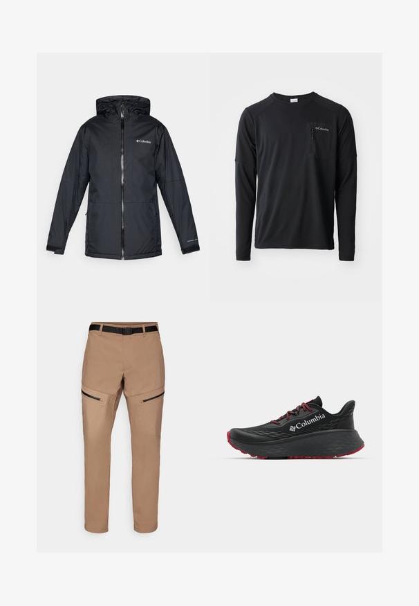 Zwarte Columbia waterdichte hoodie-jack met voorrits, verstelbare manchetten en logo op de borst en mouw.; Columbia COLUMBIA TECH™ LONG SLEEVE CREW - Longsleeve - black; Beige wandelpants met een rechte snit, voorzien van ritszakken aan de zijkant, een stevig materiaal en een zwarte verstelbare riem in de taille.; Zwarte sportieve schoen met een gestructureerd bovenwerk, rode veters en logo. Dikke zool met gestreepte loop voor grip. Minimalistisch ontwerp, zijaanzicht.
