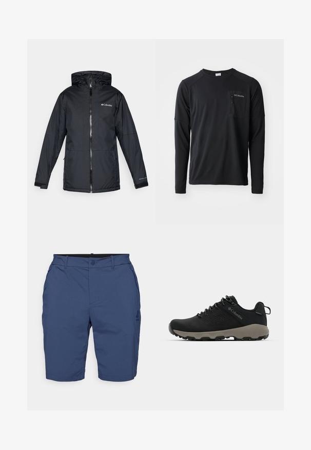 Svart Columbia vanntett hettejakke med frontglidelås, justerbare mansjetter og logo på brystet og ermet.; Columbia COLUMBIA TECH™ LONG SLEEVE CREW - Topper langermet - black; Navy blå shorts med en glatt tekstur, to sidelommer, knappelukking og en subtil logo på venstre bein. Skreddersydd design, kne-lengde.; Svart tursko med glatt overdel, perforert design, grå såle og forsterket hæl. Har snøringer og en pull-tab for enkel påkledning.