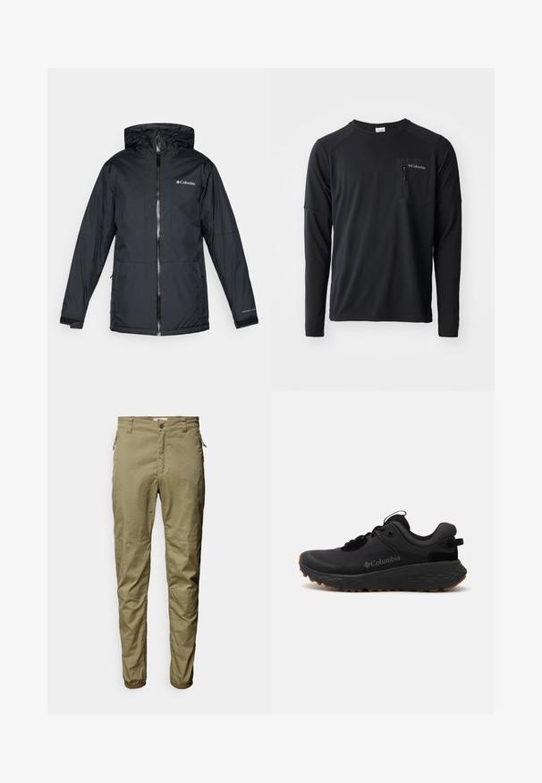 Fekete Columbia vízálló kapucnis dzseki elülső cipzárral, állítható mandzsettával, valamint logóval a mellkason és az ujjon.; Columbia COLUMBIA TECH™ LONG SLEEVE CREW - Hosszú ujjú felső - black; Olíva zöld nadrág könnyű anyagból, elülső zsebekkel, oldalsó cipzár részlettel és rugalmas mandzsettával.; Fekete Columbia sportcipő struktúrált felülettel, párnázott nyakkal és gumitalppal, amelyen jellegzetes mintázat található a tapadás érdekében.