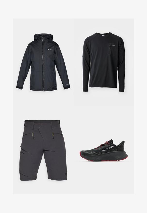 Melnā Columbia ūdensnecaurlaidīgā jaka ar kapuci, priekšējo rāvējslēdzēju, regulējamiem aprocēm un logo uz krūtīm un piedurknēm.; Columbia COLUMBIA TECH™ LONG SLEEVE CREW - Tops ar garām piedurknēm - black; Dynafit TRANSALPER - Āra šorti - black out; Melnas sporta kurpes ar teksturētu augšdaļu, sarkanām auklām un logotipu. Bieza zole ar rakstainu protektoru, lai nodrošinātu saķeri. Minimālisma dizains, sānu skats.