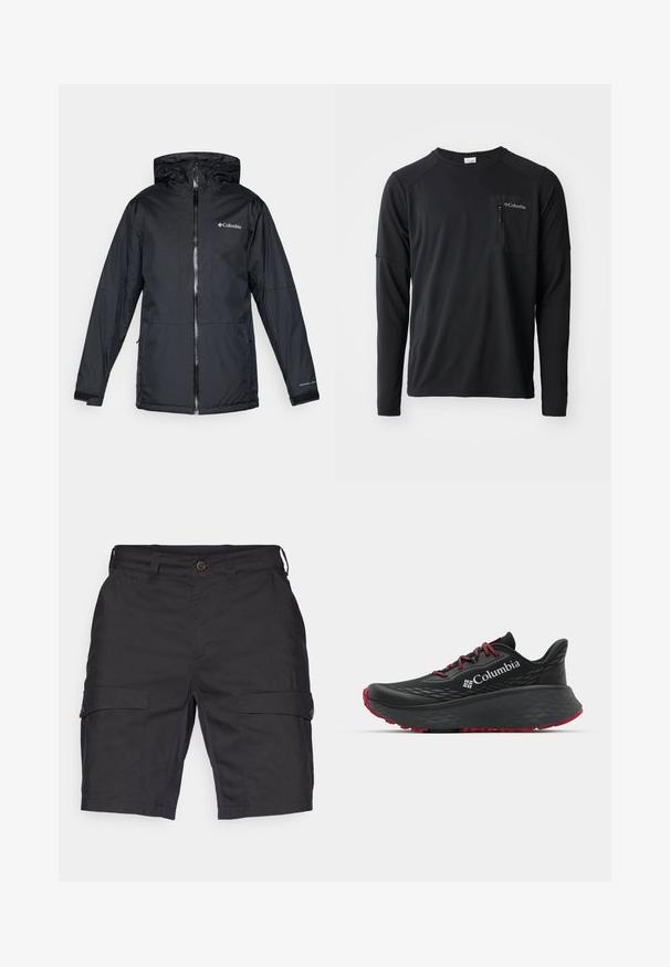 Čierna vodotesná bunda Columbia s kapucňou, predným zipperom, nastaviteľnými manžetami a logom na hrudi a rukáve.; Columbia COLUMBIA TECH™ LONG SLEEVE CREW - Top s dlhým rukávom - black; Tmavošedé cargo šortky vyrobené z ľahkej tkaniny, s dvoma bočnými vreckami na gombíky a priamym strihom.; Čierna športová obuv s textúrovaným zvrškom, červenými šnúrkami a logom. Hrubá podrážka s vzorovaným dezénom pre trakciu. Minimalistický dizajn, bočný pohľad.