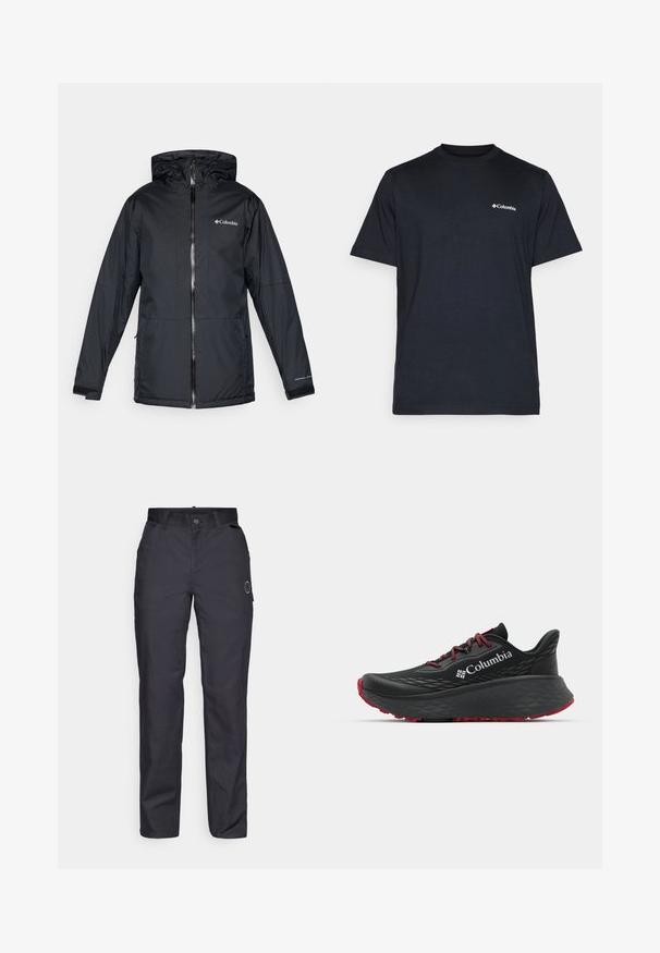 Črna Columbia vodoodporna jakna s kapuco, sprednjim zadrgo, nastavljivimi manšetami ter logotipom na prsih in rokavu.; T-maica v temno modri barvi, izdelana iz bombaža. Kratke rokave, zasnova s krožnim izrezom, z majhnim belim logotipom Columbia na prsih.; Črne hlače iz trpežnega blaga, z ravnim krojem, sprednjimi žepi in gumbom za zapiranje. Disciplina logotip na strani.; Črne atletske čevlje s teksturiranim zgornjim delom, rdečimi vezalkami in logotipom. Debel podplat s patternom za boljši oprijem. Minimalistična zasnova, stranski pogled.