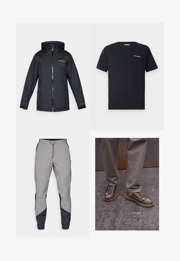Mustan Columbia-vesitiivis hupullinen takki etuvetoketjulla, säädettävillä hihansuilla ja logolla rinnassa ja hihassa.; Lyhythihainen musta t-paita, joka on valmistettu puuvillasta ja jossa on pieni valkoinen Columbia-logo vasemmassa rintamuksessa. Klassinen pyöreä kaula-aukko ja rento istuvuus.; Kevyet, harmaat urheiluhousut mustilla yksityiskohdilla. Joustava vyötärö, nyöri sulkeminen, kapeat lahkeet ja sivutaskut.; Beige punottuja sandaaleja paksuilla pohjilla, joissa on monimutkainen pitsikuvio ja valkoisia yksityiskohtia, yhdistettynä harmaisiin ruutuhousuihin.