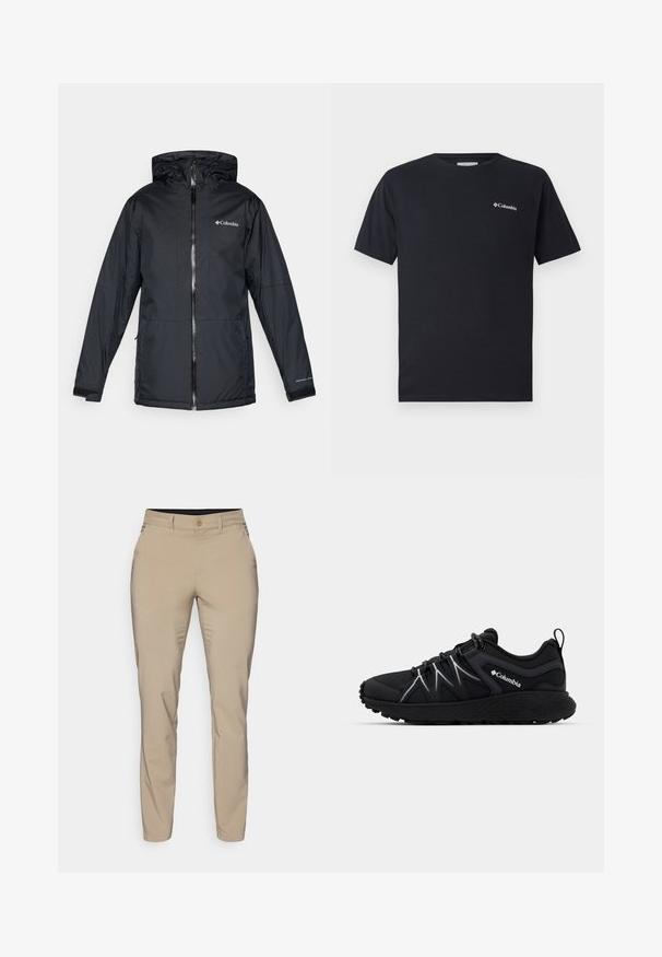 Mustan värvi Columbia veekindel kapuutsiga jakk, millel on esi tõmblukk, reguleeritavad mansetid ning logo rinnal ja varrukal.; Must muströöpide t-särk, mis on valmistatud puuvillast, ning mille vasakul rinnal on väike valge Columbia logo. Klassikaline ümar kaelus ja lõdvestunud lõige.; Beeži püksid, mis on valmistatud siledast kangast ja millel on slim fit stiil. Püksid on ühe nööbiga kinnitusega, küljetaskute ja pahkluuni ulatuva lõikega.; Musthave mustamine spordijalatsid tekstuurse siledast võrgust pealmise, peegeldavate elementidega, paksu kummist talla ja elastsete paeltega. Columbia logo on külgedel nähtav.