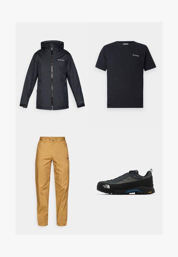 Mustan Columbia-vesitiivis hupullinen takki etuvetoketjulla, säädettävillä hihansuilla ja logolla rinnassa ja hihassa.; Lyhythihainen musta t-paita, joka on valmistettu puuvillasta ja jossa on pieni valkoinen Columbia-logo vasemmassa rintamuksessa. Klassinen pyöreä kaula-aukko ja rento istuvuus.; Miesten vaaleanruskeat työhousut, joissa on etutaskut, vyölenkit, nappikiinnitys ja pieni pyöreä logo oikeassa reidessä.; The North Face VERTO ALPINE GORE TEX - Vaelluskengät - asphalt grey/tnf black