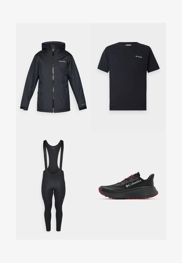 Mustan värvi Columbia veekindel kapuutsiga jakk, millel on esi tõmblukk, reguleeritavad mansetid ning logo rinnal ja varrukal.; Must muströöpide t-särk, mis on valmistatud puuvillast, ning mille vasakul rinnal on väike valge Columbia logo. Klassikaline ümar kaelus ja lõdvestunud lõige.; Mustad jalgrattasõidu tükid, millel on reguleeritavad rihmad, sujuv disain, polsterdatud istekoht ja logo detail vasakul jalal. Sile, veniv kangas.; Mustan värvi spordijalats tekstuuriga pealisega, punaste paelte ja logoga. Paksem tallaga, millel on mustritooted kaheksast edasi liikumiseks. Minimalistlik disain, külgvaade.