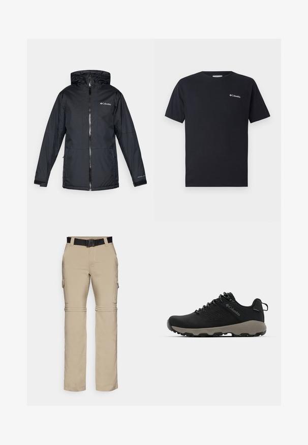 Juodas Columbia vandeniui atsparus jaqueta su kapišonu, priekyje su užtrauktuku, reguliuojamais rankogaliais ir logotipu ant krūtinės bei rankovės.; Juodas trumpas rankovės marškinėliai iš medvilnės, su mažu baltu Columbia logotipu kairėje priekyje. Klasikinis apvalus iškirpimas ir laisvas kirpimas.; Šviesiai rudos spalvos cargo kelnės su nusiimuojamomis dalimis ir juodu diržu. Pagamintos iš lengvo audinio, turi kišenes abiejose pusėse ir tiesaus kirpimo dizainą.; Juodas žygio batukas su lygiu viršumi, perforuotu dizainu, pilku padu ir sustiprintu kulnu. Yra raišteliai ir kilputė, skirta patogiam užsivilkimui.