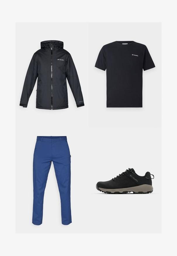 Juodas Columbia vandeniui atsparus jaqueta su kapišonu, priekyje su užtrauktuku, reguliuojamais rankogaliais ir logotipu ant krūtinės bei rankovės.; Juodas trumpas rankovės marškinėliai iš medvilnės, su mažu baltu Columbia logotipu kairėje priekyje. Klasikinis apvalus iškirpimas ir laisvas kirpimas.; Mėlynos kelnės, pagamintos iš lygaus audinio, tiesaus kirpimo, su dviem šoninėmis kišenėmis ir diržo kilpomis. Nėra matomų raštų ar plieno detalių.; Juodas žygio batukas su lygiu viršumi, perforuotu dizainu, pilku padu ir sustiprintu kulnu. Yra raišteliai ir kilputė, skirta patogiam užsivilkimui.