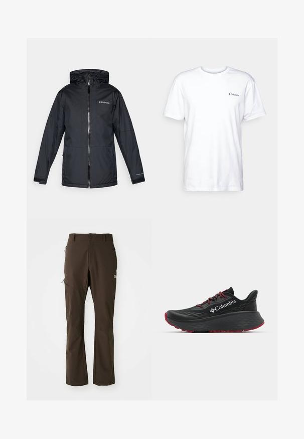 Juodas Columbia vandeniui atsparus jaqueta su kapišonu, priekyje su užtrauktuku, reguliuojamais rankogaliais ir logotipu ant krūtinės bei rankovės.; Balta medvilnės marškinėliai trumpomis rankovėmis, apvaliu kaklu ir mažuoju juodu Columbia logotipu kairėje krūtinės pusėje. Minkštas, paprastas dizainas.; Jack Wolfskin HOLDSTEIG PANTS - Lauko kelnės - peat; Juodas sportinis batelis su tekstūruota viršutine dalimi, raudonais raišteliais ir logotipu. Storas padas su raštuotu protektoriu traukai. Minimalistinis dizainas, šoninis vaizdas.