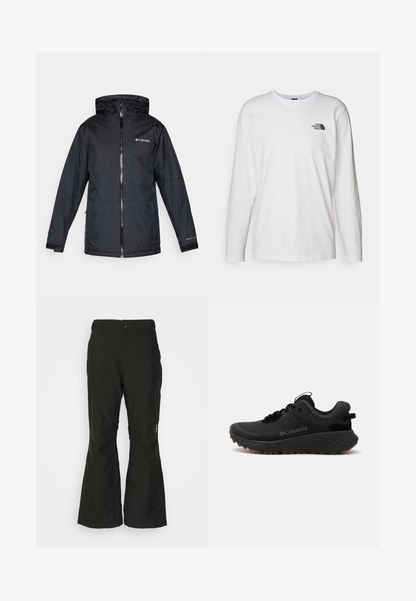Svart Columbia vanntett hettejakke med frontglidelås, justerbare mansjetter og logo på brystet og ermet.; Hvit langermet T-skjorte laget av bomull med rund hals. Har en liten svart logo på brystet. Glatt tekstur, vanlig passform.; Svart, vanntette ski bukser med rett ben-design, to sidelommer og forsterkede nedre kanter for holdbarhet. Inkluderer justerbar midje.; Svart Columbia treningssko med teksturert overflate, polstret krage og gummisåle med et distinkt mønster for grep.