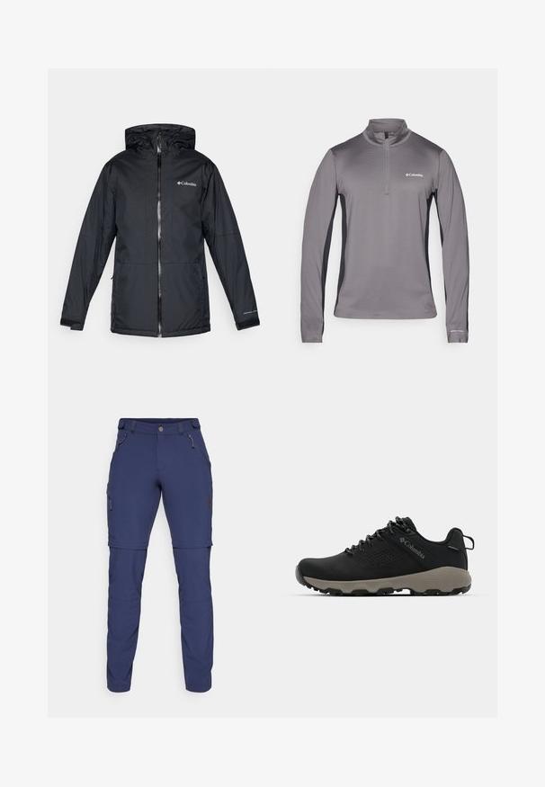 Crna vodootporna jakna s kapuljačom Columbia sa prednjim zatvaračem, podesivim manžetama i logotipom na prsima i rukavu.; Sivi pulover dugih rukava s polu zatvaračem, teksturirana tkanina, kontrastni crni bočni paneli i mali logotip na prsima.; Mornarske hlače za vanjske aktivnosti izrađene od rastezljivog materijala, s patentnim zatvaračima na džepovima, podesivim manžetama i bočnim džepom za teret.; Crne planinarske cipele s glatkim gornjim dijelom, perforiranim dizajnom, sivoj potplati i ojačanim petom. Sadrže vezice i petlju za lakše oblačenje.
