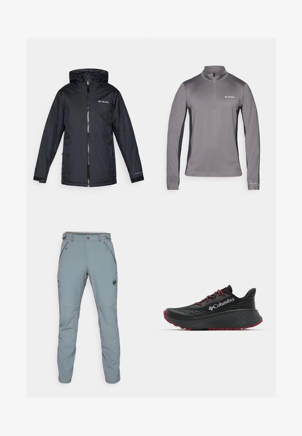 Black Columbia waterproof hooded jacket with front zipper, adjustable cuffs, and logo on chest and sleeve.; Gray long-sleeve pullover with half zip, textured fabric, contrasting black side panels, and small logo on the chest.; Mammut RUNBOLD PANTS MEN - Trousers - blue/grey; Black athletic shoe with textured upper, red laces, and logo. Thick sole with patterned tread for traction. Minimalist design, side view.