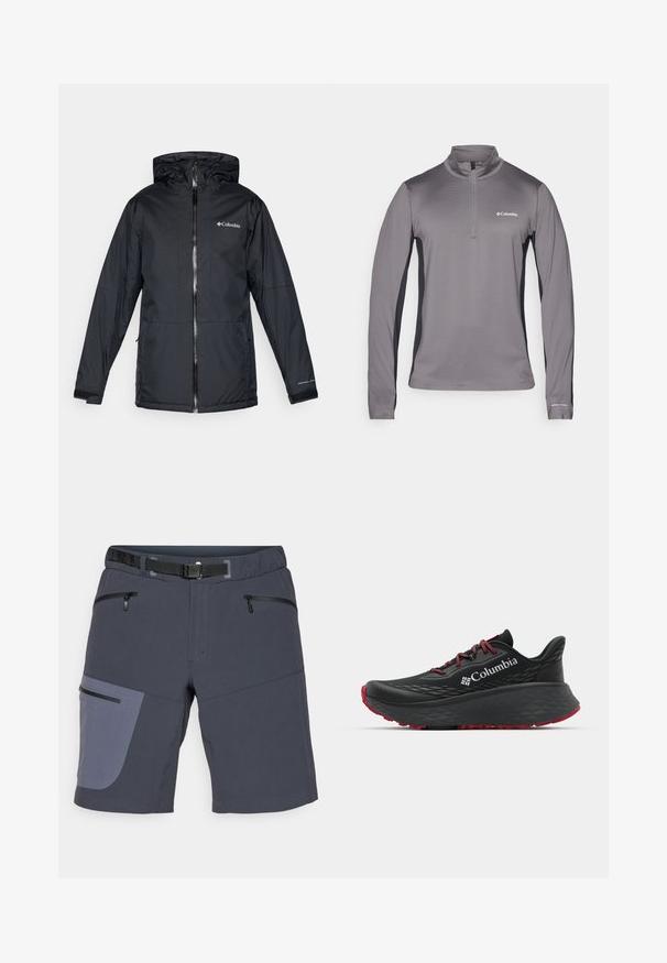 Mustan Columbia-vesitiivis hupullinen takki etuvetoketjulla, säädettävillä hihansuilla ja logolla rinnassa ja hihassa.; Harmaa pitkähihainen vetoketjullinen neule, jossa on teksturoitu kangas, kontrastiväriset mustat sivupaneelit ja pieni logo rinnassa.; Shortsit, jotka on valmistettu tummanharmaasta kankaasta vaaleanharmaalla kontrastivärillä sivupaneelissa. Tyylissä on kaksi vetoketjullista etutaskua ja vyö.; Musta urheilukenkä, jonka pinnassa on tekstuuri, punaiset nauhat ja logo. Paksu pohja, jossa on kuvioitu pito. Minimalistinen muotoilu, sivunäkemys.