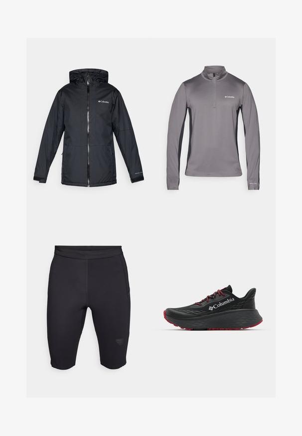 Zwarte Columbia waterdichte hoodie-jack met voorrits, verstelbare manchetten en logo op de borst en mouw.; Grijze lange mouwen pullover met halve ritssluiting, textuur stof, contrasterende zwarte zijpanelen en klein logo op de borst.; Zwarte fietsbroekjes van rekbaar materiaal, met een gladde textuur, een aangesloten ontwerp en een subtiel logo op het onderbeen.; Zwarte sportieve schoen met een gestructureerd bovenwerk, rode veters en logo. Dikke zool met gestreepte loop voor grip. Minimalistisch ontwerp, zijaanzicht.