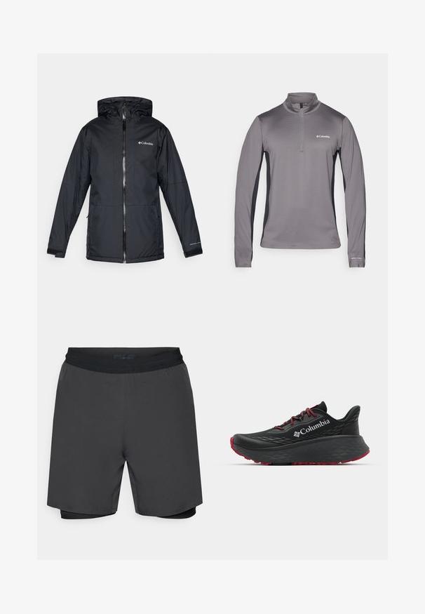 Črna Columbia vodoodporna jakna s kapuco, sprednjim zadrgo, nastavljivimi manšetami ter logotipom na prsih in rokavu.; Siv grey pulover s dolgimi rokavi in pol zadrgo, teksturirana tkanina, kontrastni črni bočni paneli in majhna oznaka na prsih.; Moške hlače v temno sivi barvi, z črnim elastičnim pasom in notranjim prilegajočim slojem. Gladka tekstura, dolžina do kolen.; Črne atletske čevlje s teksturiranim zgornjim delom, rdečimi vezalkami in logotipom. Debel podplat s patternom za boljši oprijem. Minimalistična zasnova, stranski pogled.