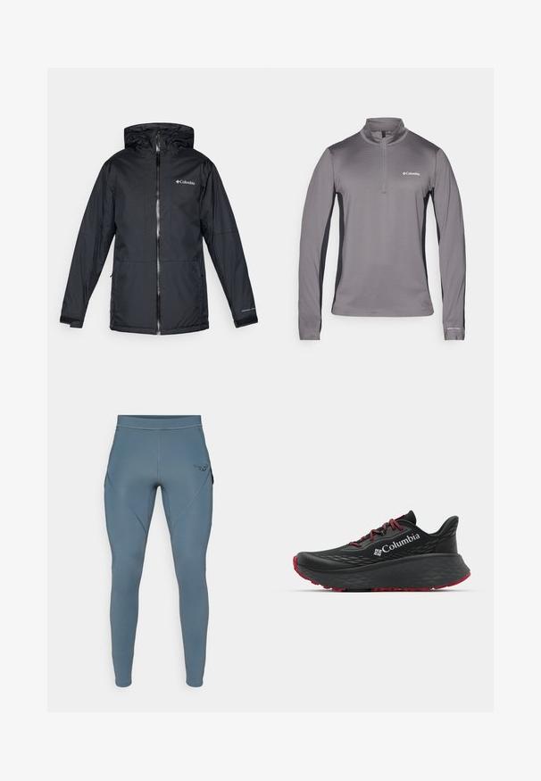 Crna vodootporna jakna s kapuljačom Columbia sa prednjim zatvaračem, podesivim manžetama i logotipom na prsima i rukavu.; Sivi pulover dugih rukava s polu zatvaračem, teksturirana tkanina, kontrastni crni bočni paneli i mali logotip na prsima.; Plave atletske tajice s glatkom teksturom, koje imaju bočne džepove i kontrastni crni logo na bokovima. Prilagođen dizajn.; Crne sportske cipele s teksturiranim gornjim dijelom, crvenim vezicama i logom. Debeli đon s uzorkom za prianjanje. Minimalistički dizajn, bočni prikaz.