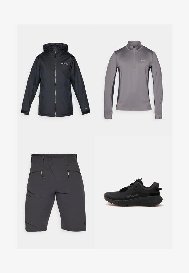 Casaco impermeável com capuz da Columbia, na cor preta, com fecho frontal, punhos ajustáveis e logotipo no peito e na manga.; Pullover cinza de manga longa com fecho de meio, tecido texturizado, painéis laterais pretos em contraste e pequeno logótipo no peito.; Dynafit TRANSALPER - Calções para exterior - black out; Shoe atlético preto da Columbia com uma superfície texturizada, colarinho acolchoado e sola de borracha com um padrão distinto para tração.
